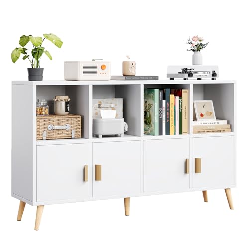 8-Cube Storage Organizer with Doors & 5 Solid Wood Legs, Mid-Century Modern Bookshelf with Seamless Top, Horizontal Cubby Toy Storage for Kids, Sideboard Media Console fits 11" Bins, White - color: White, size: 8-Cube with Door