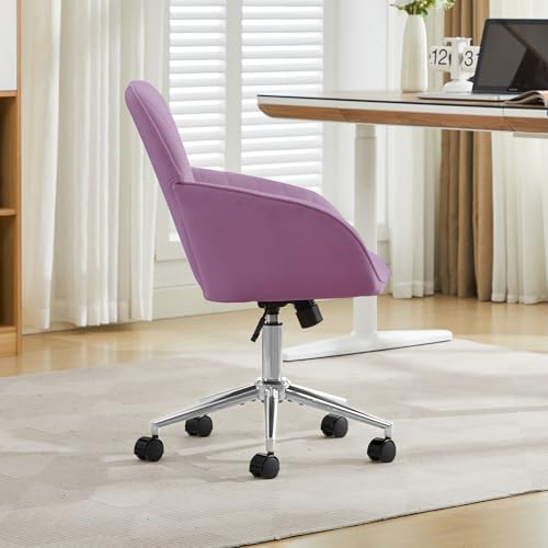 YITAI Velvet Office Desk Armchairs with Silver Base and Wheels,Modern Height Adjustable 360 Degree Swivel Upholstered Vanity Chairs for Living/Room Bedroom/Study,Light Purple - color: Silver Purple