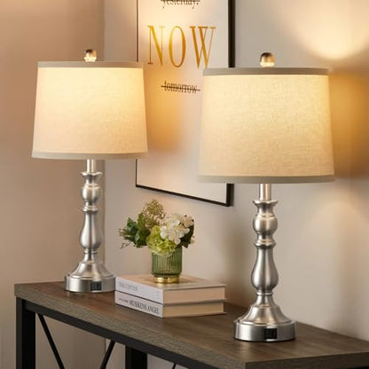 23'' Table Lamps Set of 2, Silver Lamps for Bedroom, USB C+A Ports - color: C.Light Oat, Silver