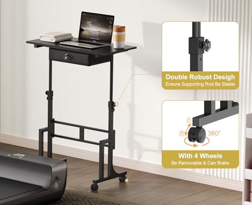 Adjustable Height Standing Desk With Drawer, Rolling Sit Stand Up Desk With Wheels, Small Sit To Stand Computer Desk, Adjustable Desktop Height, On Wheels, Black, For Walking Pad Laptop Treadmill - color: Black