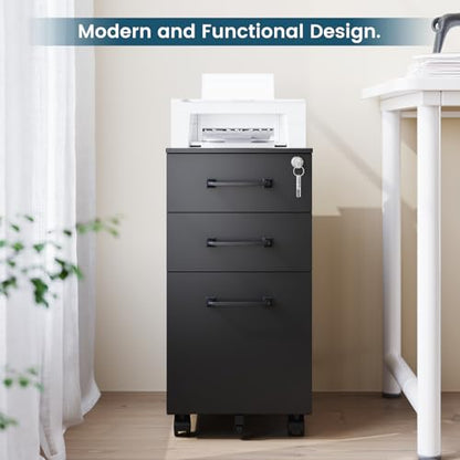 MIIIKO File Cabinet 3 Drawers on Wheels Under Desk, Black Metal File Cabinets with Lock for Home Office, Filing Cabinet with Lock(Un-Assembled) - color: Black, size: 3 Drawer-11.8"W -Mobile