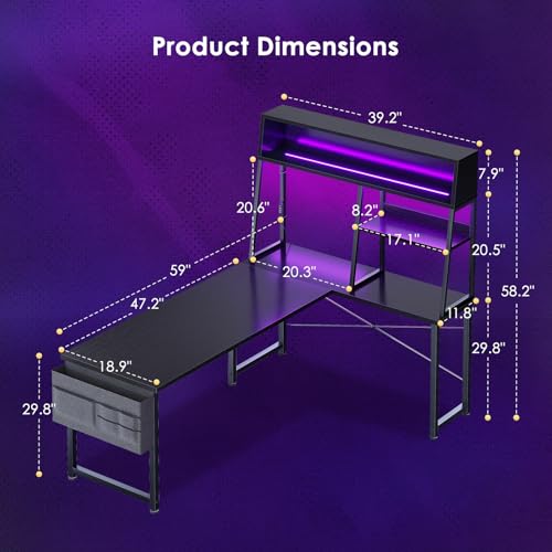 AODK 59 Inch L Shaped Gaming Desk with Display Shelves, LED Lights, Black - size: 59 Inch