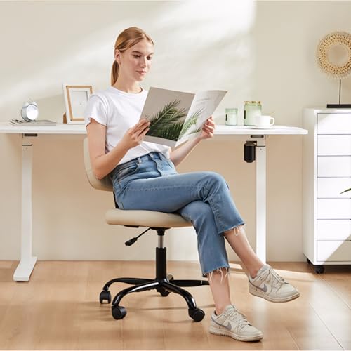 Armless Office Chair, Swivel Rolling PU Leather Vanity Chair with Back Lumbar Support Height Adjustable Computer Chair, Small Desk Chair for Home Office (Beige White) - color: Beige White
