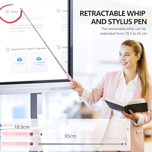 N21 Bluetooth Presentation Clicker for PowerPoint with Retractable Pointer | ①Laser Pointer②Telescopic touch pen③Countdown timer, vibration alert ④Customizable Button ⑤Rechargeable;battery level display - color: Pink - Red Pointer