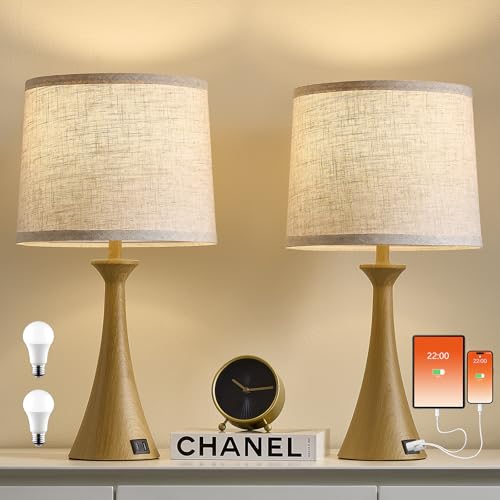 Touch Table Lamps Set of 2, 21" Bedside Lamps with USB C+A | 3 Way Dimmable Nightstand Lamps with Linen Shades, 2 LED Bulbs Included, Touch Lamp for Living Room, Bedroom and End Tables - color: Wood Grain