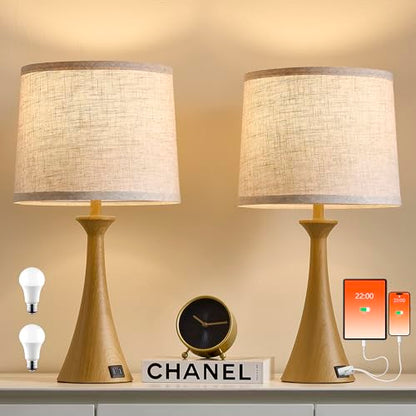 Touch Table Lamps Set of 2, 21" Bedside Lamps with USB C+A | 3 Way Dimmable Nightstand Lamps with Linen Shades, 2 LED Bulbs Included, Touch Lamp for Living Room, Bedroom and End Tables - color: Wood Grain