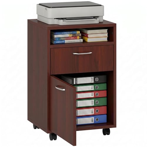 HOMCOM Mobile Storage Cabinet Organizer, Bathroom Drawer Cabinet, Brown | Printer Stand, Castors - color: Coffee