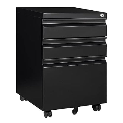 3 Drawer File Cabinet with Lock,Under Desk File Cabinet with Wheels,Black Rolling Filing Cabinets,Three Drawer Metal Filing Cabinet for Home Office,Fit A4/Letter/Legal File,- Assembly Required - color: Black, style: Assembly Required