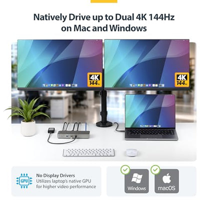 StarTech Driverless USB4 Dock, Dual 4K 144Hz for Mac and Windows, 100W