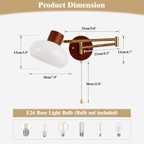KCO Gold Swing Arm Wall Sconce with Pull Chain 7.9” Milk Glass Reading Lamp - color: 20cm White