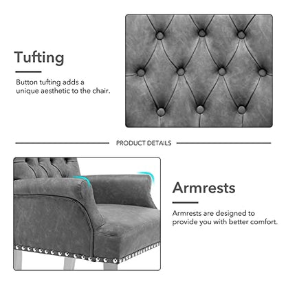 LOULENS PU Leather Dining Chairs Set of 2, Dining Chairs with Arms, Grey | Upholstered, High Back, Tufted, Luxurious, Stainless Steel Leg, for Kitchen & Dining Room - color: Pu, size: 2 PCS