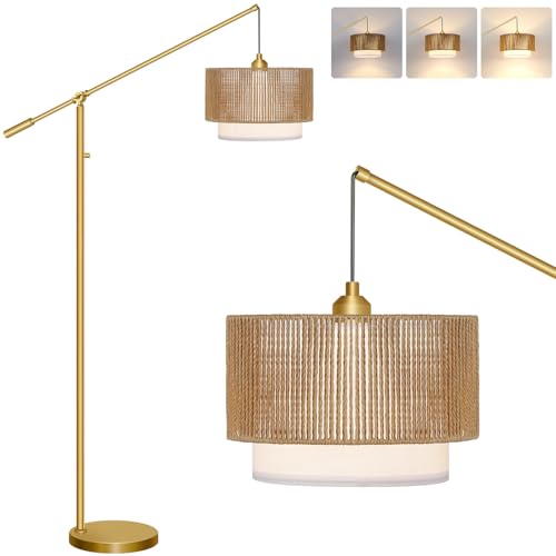 【Upgraded】Boho Dimmable Floor Lamps with Adjustable Swing Arm, 1100 Lumens Bulb Included, Modern Standing Lamp with Rattan & Fabric Shades, Farmhouse Tall Arc Floor Lamp for Living Room Bedroom, Gold - color: Bohemian-Gold