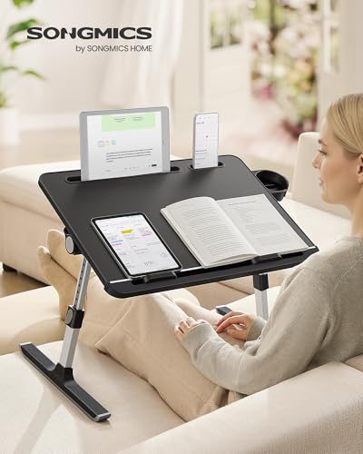 SONGMICS Bed Laptop Desk, Foldable Bed Desk for Laptop, 15.7 x 22 Inches Large Desktop, 120° Stepless Tilt, Adjustable Height, Cup Holder, Tray, Portable Bed Sofa Table, Ink Black ULLD113BC01 - color: Ink Black