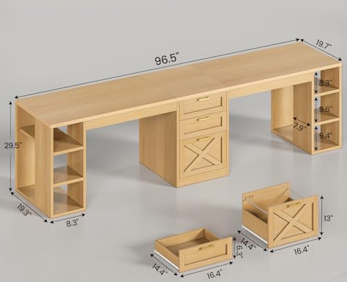 SEDETA Farmhouse 96.5" 2 Person Computer Desk with Storage Drawers | Home Office Desk, Gaming Double Desk with Shelves, Long Two Person Writing Desk, Oak - color: Oak