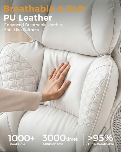 COMHOMA Big and Tall Office Chair Heavy Duty Gaming Chair with Deluxe Embossing Leather High Back Wider Ergonomic Computer Chair with Foot Rest 145°Reclining Pocket Spring Lumbar Support - color: Ivory White