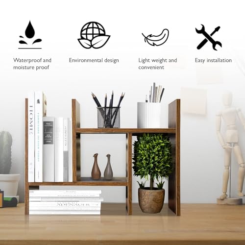 BROWN-BROWN Adjustable Wood Desk Shelf Organizer Office Home Multipurpose Desktop Shelf, Display Shelf Rack Top Mini Bookcase, Free Style Display Desktop Organization