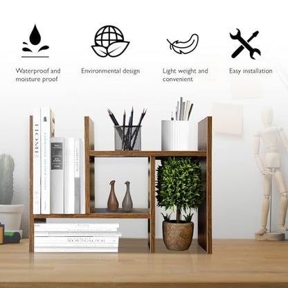 BROWN-BROWN Adjustable Wood Desk Shelf Organizer Office Home Multipurpose Desktop Shelf, Display Shelf Rack Top Mini Bookcase, Free Style Display Desktop Organization