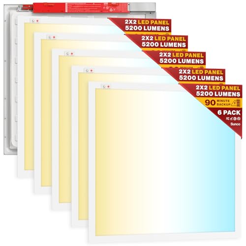 Sunco 6 Pack 2x2 LED Flat Panel Lights, Emergency Backup, 3CCT, 20-40W | 5200LM, 0-10V, Office Lighting, 90 Minute Battery Emergency, Dual Selectable Features, 20W/30W/40W, 4000K/5000K/6000K