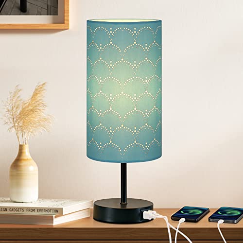 CINSARY Touch Control Bedside Lamp with 2 USB Ports, 3-Way Dimmable Table lamp for Bedroom, Nightstand Lamp with Round Blue Fabric Shade for Living Room Home Office (E26 LED Bulb Included) - color: Blue