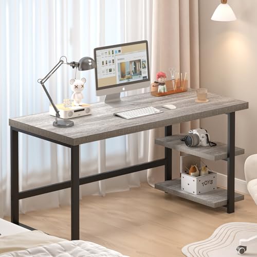 Computer Desk, Modern Home Office Desk with Shelves, Wood Writing Study Gaming Table for Living Room Bedroom, Light Grey, 53 inch - color: Light Grey, size: 53 inch