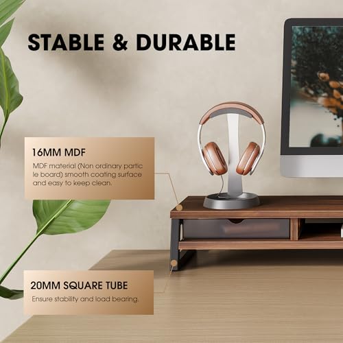 Fenge Dual Monitor Stand Riser, 42.5in Desk Shelf with 2 Drawers, Brown - color: Brown