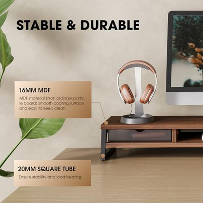 Fenge Dual Monitor Stand Riser, 42.5in Desk Shelf with 2 Drawers, Brown - color: Brown