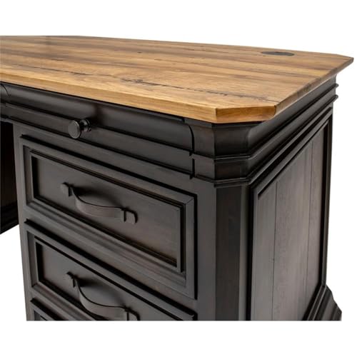 Pemberly Row Executive Desk, 60”W x 28”D x 30”H, Solid Wood Plank Top, Brown Finish, Double Pedestal Design, Dropfront Keyboard Drawer, Locking File Drawers, Antique Bronze Hardware, Home Office Desk