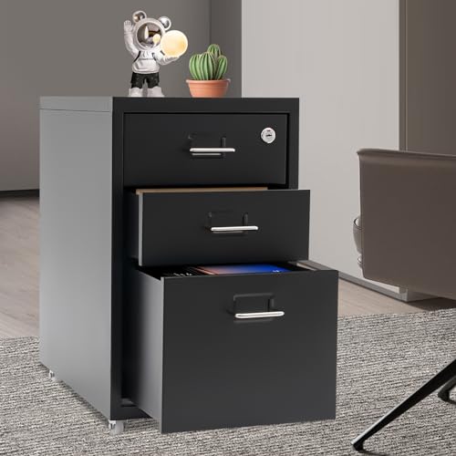CNCEST 2-Drawer Vertical File Cabinet Metal Mobile Filing Cabinet with Lock Rolling File Drawer Cabinet Under Desk Sturdy Steel Storage Unit with Glide Drawers Lockable Wheels for Home Office (Black) - color: Black