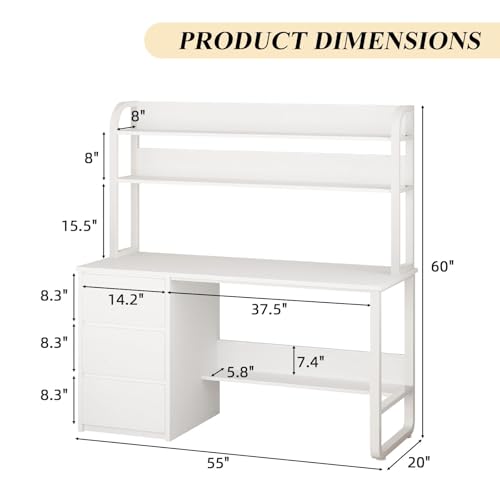 MaverickFurni 55 Inch White Computer Desk with Hutch and 3 Drawers - color: White, size: 55"W