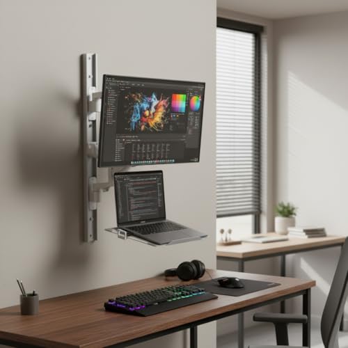 ZeboZap ZLTV8022 Wall Monitor Mount with Keyboard Tray | Fits 17 to 43 Inch | Single Monitor Wall Mount with Laptop Tray | Home Office, Bedside, Healthcare | White | 26.4 lbs