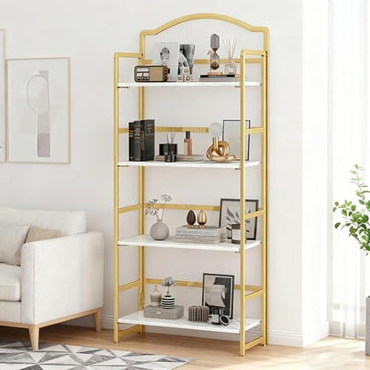 JSB 4 Tier No Assembly Folding Bookshelf, Arched Bookshelf, Foldable Bookcase for Living Room, Bedroom, Office,Skinny Bookshelf (White and Gold) - color: White and Gold, size: 4-Tier