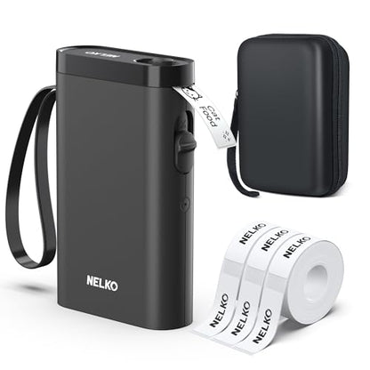 Nelko Label Maker Machine, P21 Label Printer with 3 Tapes & Case, Black | Creative App & Multiple Templates, Inkless Printing, Built-in Cutter, Ideal for School, Teacher Supplies, Office, and Home - color: Black