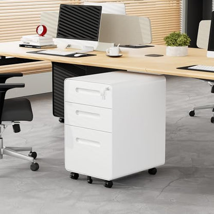 3 Drawer Mobile File Cabinet with Lock, 4 Keys and 25 Letter File Folders | Heavy-Duty Steel Rolling Filing Cabinet Pre-Assembled Under Desk for Home Office Letters/Legal/A4 Hanging File Folders - color: White, size: 23.8"H*15.7"W-3 Drawers(25 letter fold