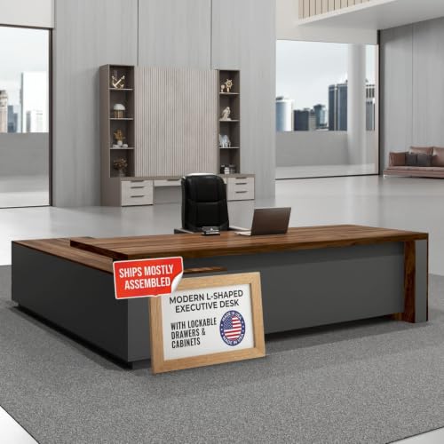 OfficeSimpli L Executive Desk with Drawers, Made in USA, 74x63x30, Walnut - size: 74" x 63" x 30" (Credenza Right)