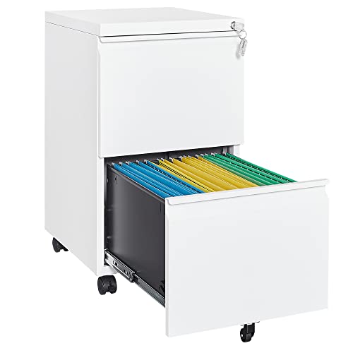 Letaya 2 Drawer Mobile File Cabinet with Lock,Under Desk Metal Filing Cabinets for Home Office Organizer Letters/Legal/A4(Fully Assembled-White) - color: White, size: 14.57"W X 17.32"D X 26.18"H (Fully Assembled)