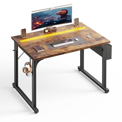 DurayLoly 32" Gaming Desk with Waterproof LED Lights for Bedroom,Brown - color: Rustic Brown, size: 32 IN