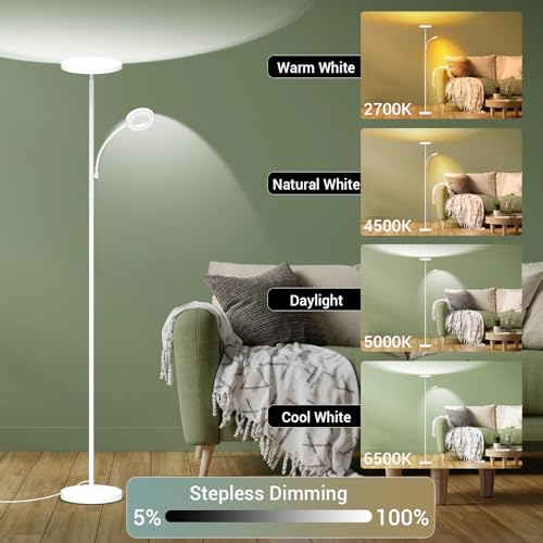 marctronic White Floor Lamp, 42W 4000LM Super Bright LED Room Lamp with Adjustable Reading Light,Dimmable Modern Standing Lamp with Remote & Touch Control for Room Bedroom Office Floor Light - color: White 42W
