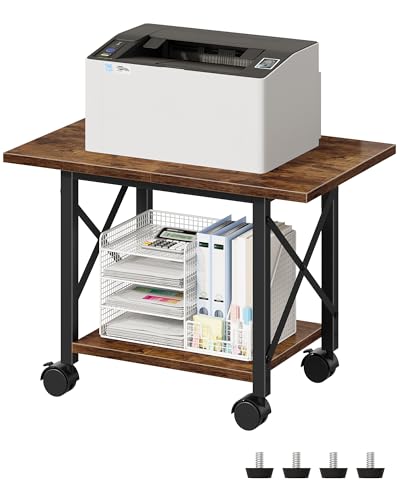Printer Stand, 23.6" Under Desk Printer Table with Locking Wheels Adjustable Feet, 2-Tier Heavy Duty Printer Cart with Shelf, for Home Office, Living Room, Rustic Brown and Black TPS01BF - color: Rustic Brown