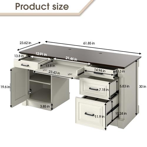 Bevfint 61.85″ Executive Desk with Roman Column Design, Large Boss Office Desk 3 Drawers incl. File Drawer, Keyboard Tray, Cabinet Shelf with Door, White with Brown Desktop - color: White With Brown Desktop, size: 61.85" Roman Column Desk