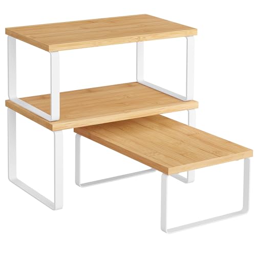 SONGMICS Cabinet Organizer Shelf, Set of 3 Spice Rack, Kitchen Storage | Kitchen Counter Shelves, Kitchen Storage, Spice Rack, Light Bamboo and Matte White, BYSTRO Collection UKCS014W01 - color: Cloud White + Natural Beige
