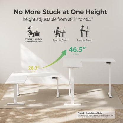 Agilestic L Shaped Electric Standing Desk Adjustable Height, 75 Inch, White - color: White, size: 75 x 61 Inch