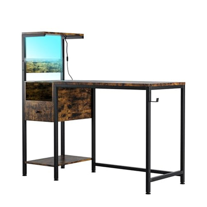 Computer Desk with Power Outlet and USB Charging Station, Space-Saving Study Writing Table with Storage Shelves, PC Laptop Workstation for Home Office Bedroom (Brown) - color: Brown
