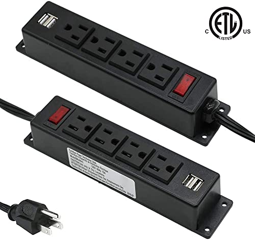 Mountable Power Strip with USB Ports,Wall Mount Power Outlets Screw Down Power Socket in Desk Under Cabinet Power Station 4AC Outlet 2 USB 6.56 Feet Extension Cord, On&Off Switch Black - size: 4AC+USB