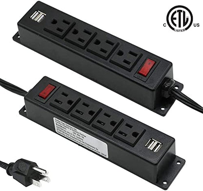 Mountable Power Strip with USB Ports,Wall Mount Power Outlets Screw Down Power Socket in Desk Under Cabinet Power Station 4AC Outlet 2 USB 6.56 Feet Extension Cord, On&Off Switch Black (Pack of 2) - size: 4AC+USB (Pack of 2)