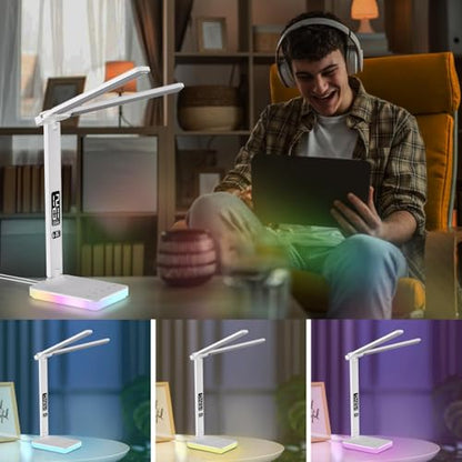 LED Desk Lamp with Charger, USB Charging Port, Dual Swing Arm Desk Light with 5 Brightness, 3 Colors, Table Lamp with Clock, Alarm, Date, Temperature, Desk Lamp for Home Office Study (White) - color: Dual-Head White