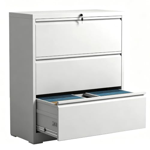 3 Drawer Lateral File Cabinet with Lock,White Home Office Cabinet - color: White, size: Lateral-3 drawers