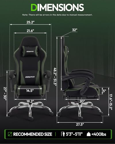 Dowinx Ergonomic Gaming Chair with Footrest & Massage Lumbar, 2D-Linkage Armrests for Computer Chair 330lbs with Headrest Pillow for Office, Home, Streaming and Long Gaming Sessions, Fabric Dark Green - color: Dark Green