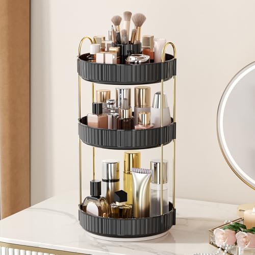 360° Rotating Makeup Organizer, Upgraded 3 Tier Skincare Perfume Organizers for Women, Bathroom Organizer Countertop, Clear Cosmetic Dresser Organizer with Makeup Brush Holder, Sink&Counter(Black) - color: BLACK, size: 3 Tier