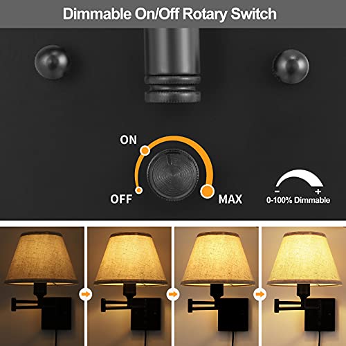TRLIFE Wall Sconce Plug in, Dimmable Wall Sconces Set of Two Swing Arm Wall Lights with Plug in Cord and On/Off Dimmer Rotary Switch, 9.4" Medium Beige Fabric Shade(2 Pack, 2 Bulbs) - color: Beige, size: Medium
