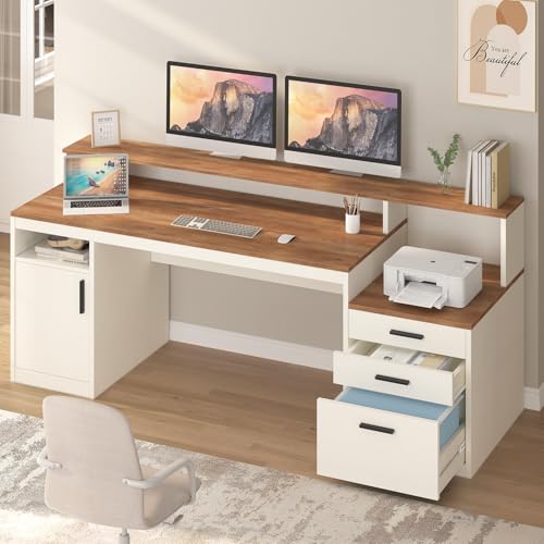YOMILUVE 65" Computer Desk with 3 Drawers & Printer Shelf for Home Office - color: Antique White